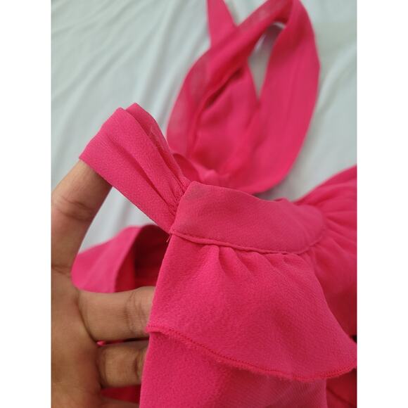 Y2k Express 100% Silk Ruched Ruffle Halter Top Size 2 Pink Barbie Fairy Coquette - Picture 5 of 11